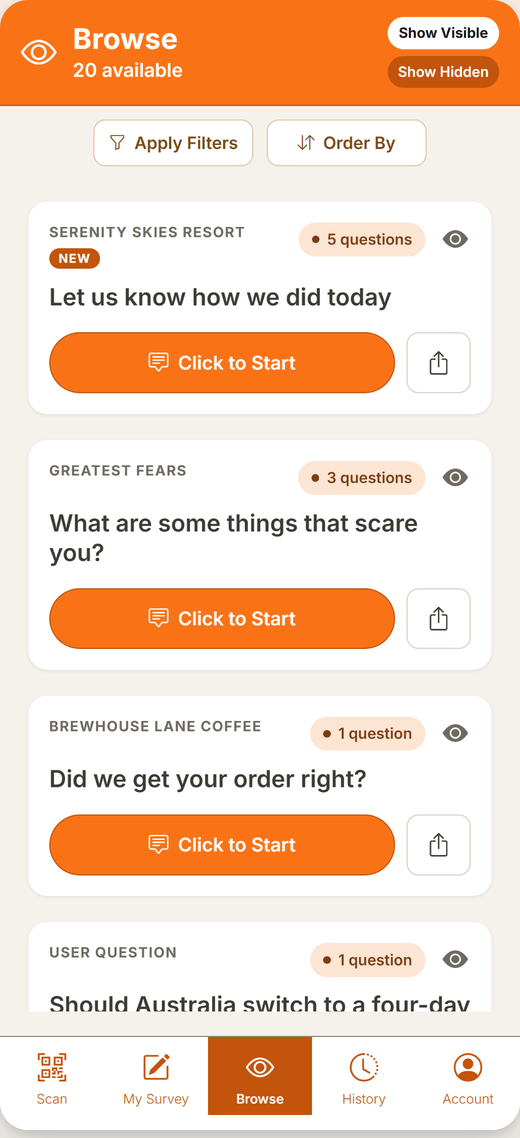 The Thoughtz app's Browse menu, listing surveys from businesses alongside a user question asking Should Australia switch to a four-day week.