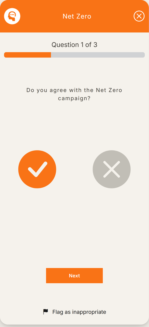 A yes-or-no question about the Net Zero campaign in the Thoughtz app.