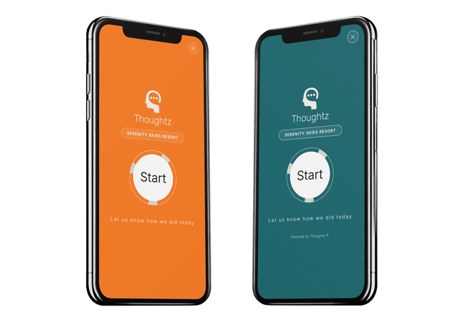 Two phones side by side showing the same Thoughtz opening screen, one in Thoughtz orange and one in a business's own teal.