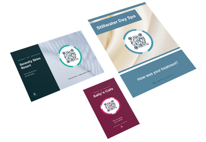 Three printed Thoughtz brochures for different businesses, each in its own colours, each carrying a Code.