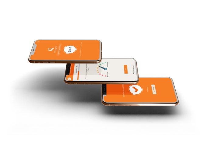 Three phones showing a Thoughtz survey being answered: the Start screen, a one-to-ten scale, and the completed screen.