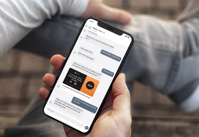 A phone showing a group message thread with a Thoughtz survey card shared into it.