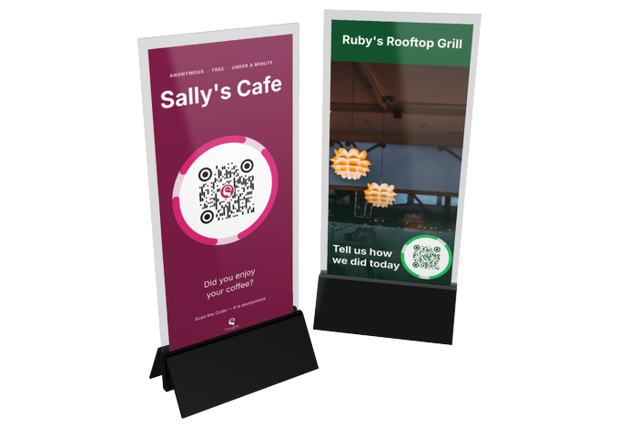 Two table-tent brochures side by side, one for Sally's Cafe asking Did you enjoy your
                  coffee and one for Ruby's Rooftop Grill asking Tell us how we did today, each with a
                  Thoughtz Code.