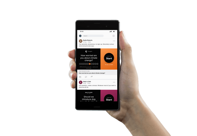 A phone showing a social feed with a shared Thoughtz survey card in it, headed How worried are you about climate change.