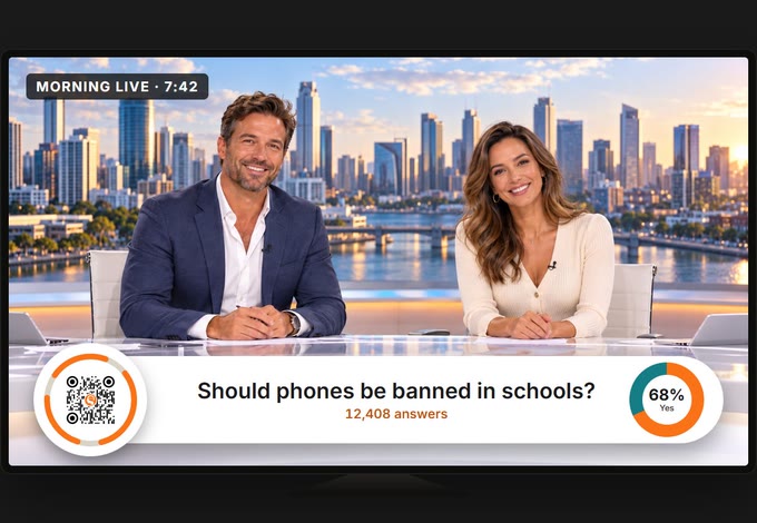 A breakfast news show on a television, two presenters at a desk, with a strip across the bottom asking Should phones be banned in schools, beside a Thoughtz Code and a live chart.