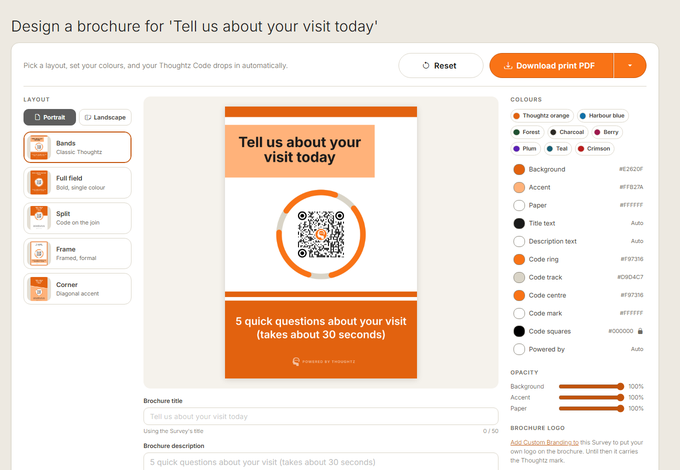 The Brochure Designer: five layout templates down the left, a live brochure preview with the Thoughtz Code in the middle, and colour controls down the right.