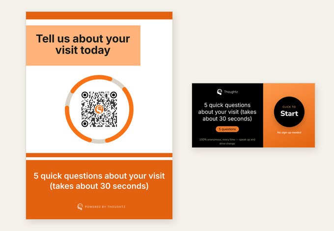 A printed Thoughtz brochure carrying the Code, beside the link preview card the same survey produces when it is shared or emailed.