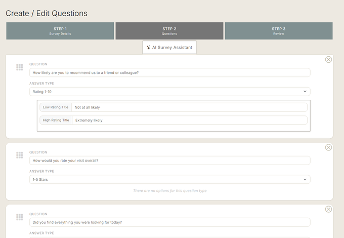 The Thoughtz question builder: a three-step wizard with an AI Survey Assistant button, and questions being set to a 1-10 rating, 1-5 stars and yes or no.