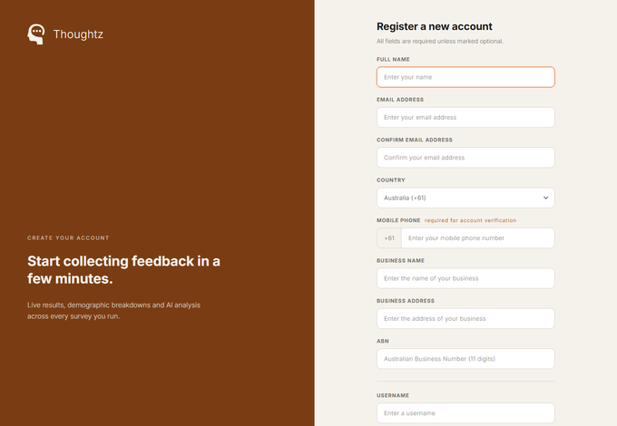 The Thoughtz business registration form, beside a panel reading &ldquo;Start collecting feedback in a few minutes.&rdquo;