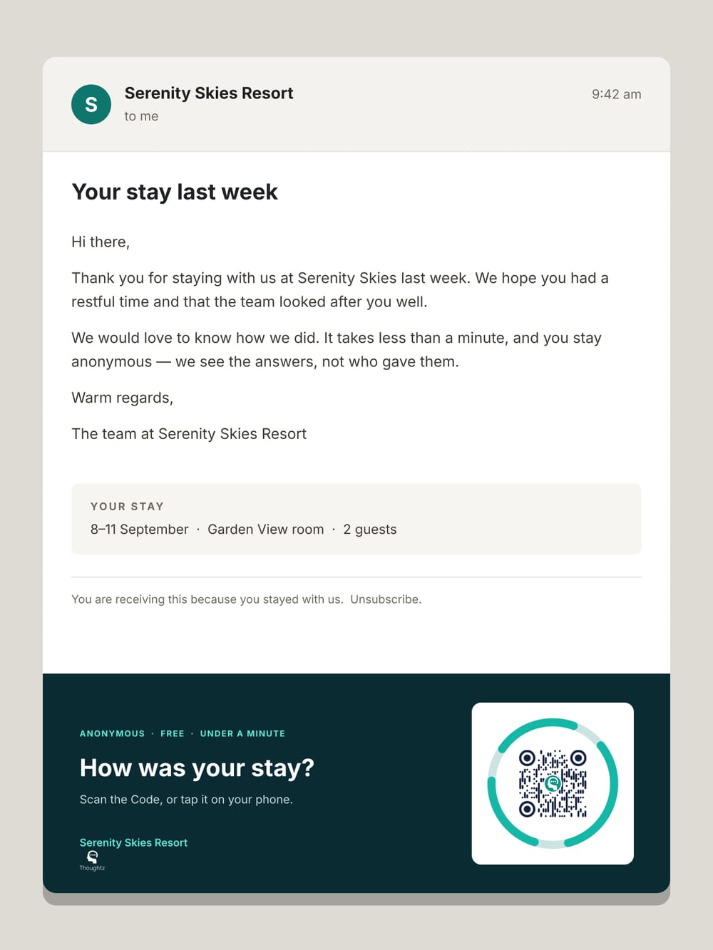 A marketing email open on screen, a Thoughtz Code in its footer beside the words How was your stay.
