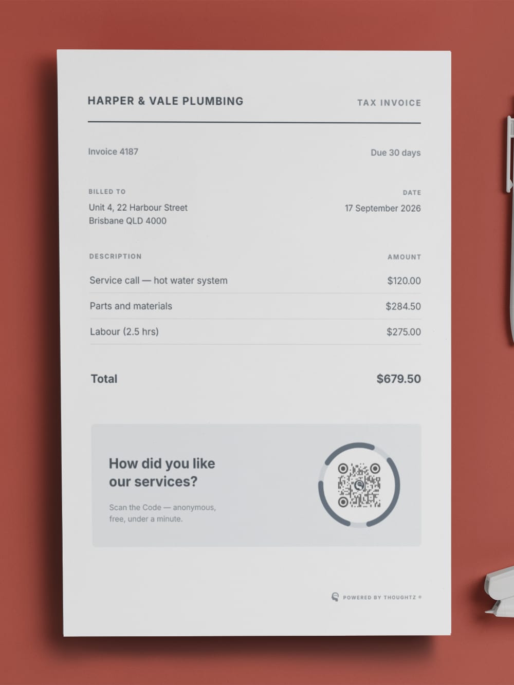 A printed invoice with a Thoughtz Code beside the words How did you like our services.